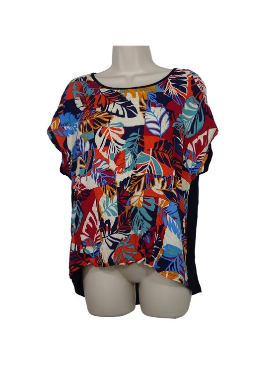 Lavish Tops - Lavish Blue Multicolor Leaf Print Top Women Size L Crisscross Back Detail